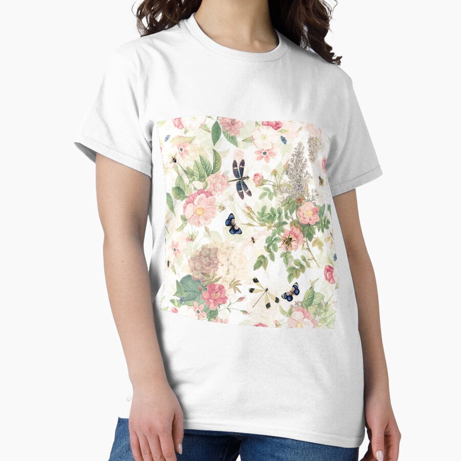 UtART - Vintage Roses Spring Flower And Early Insects Botanical Garden Pattern - Sepia Blush Cream white Nightgarden Classic T-Shirt