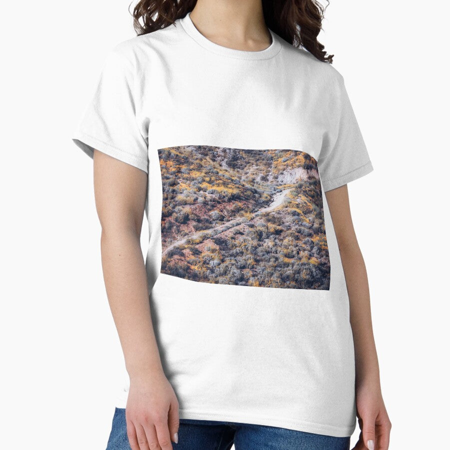 blooming yellow poppy flower field over the mountain in California, USA Classic T-Shirt