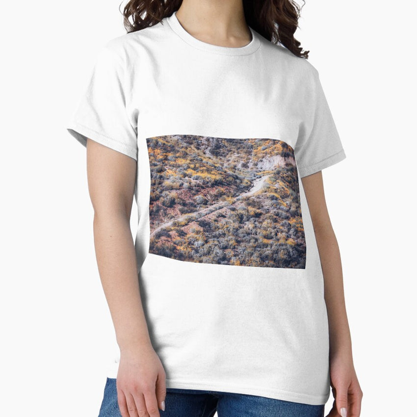 blooming yellow poppy flower field over the mountain in California, USA Classic T-Shirt