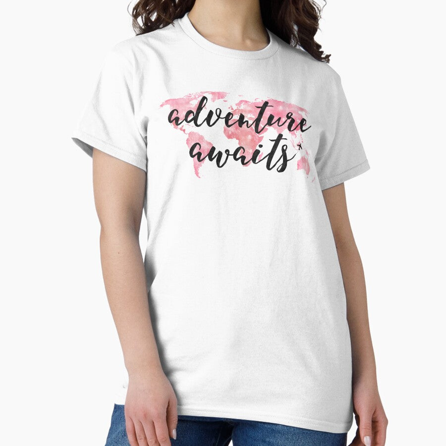 Adventure Awaits Pink Watercolor World Map Wanderlust Classic T Shirt