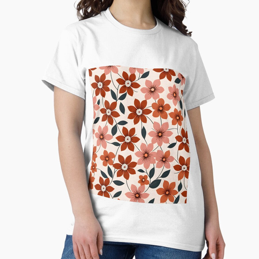 Mid Mod, Retro flower pattern, Burnt Sienna, Peach Classic T-Shirt