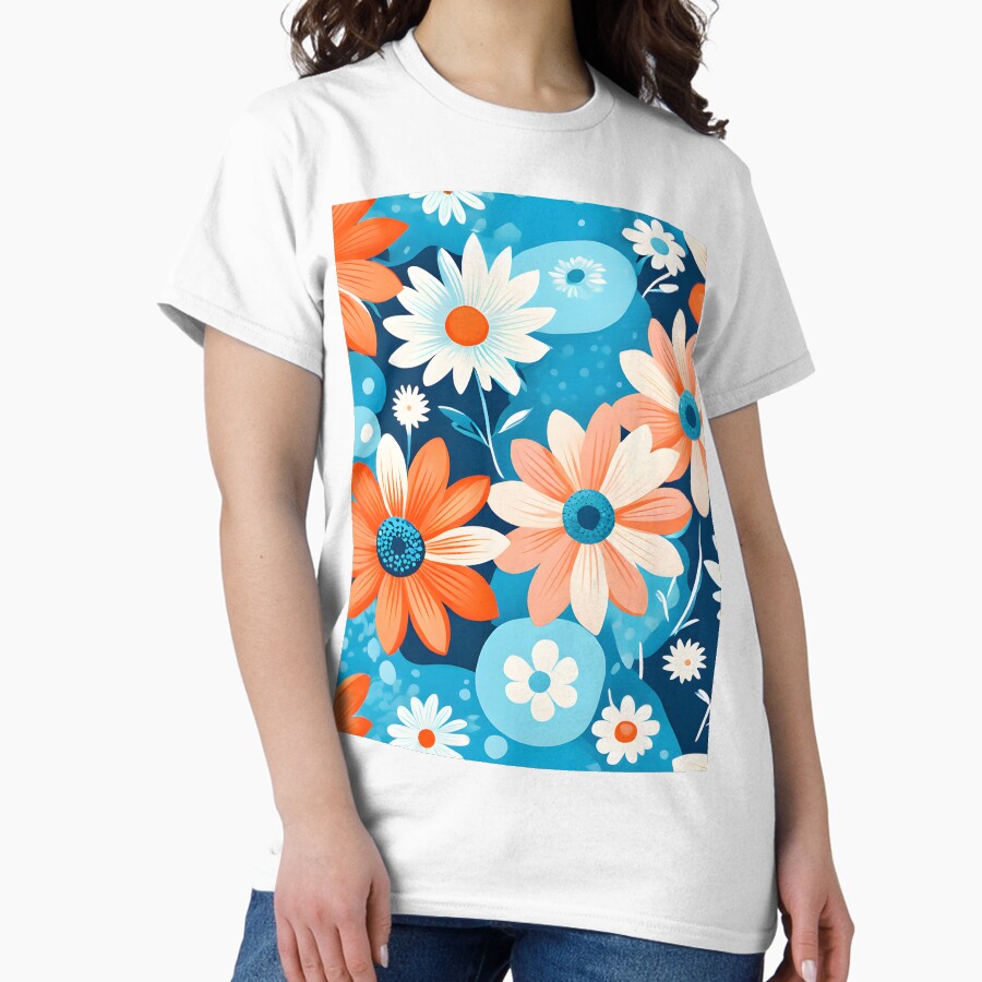 Mid Mod, Retro flower pattern, Peach, Sky Blue Classic T-Shirt
