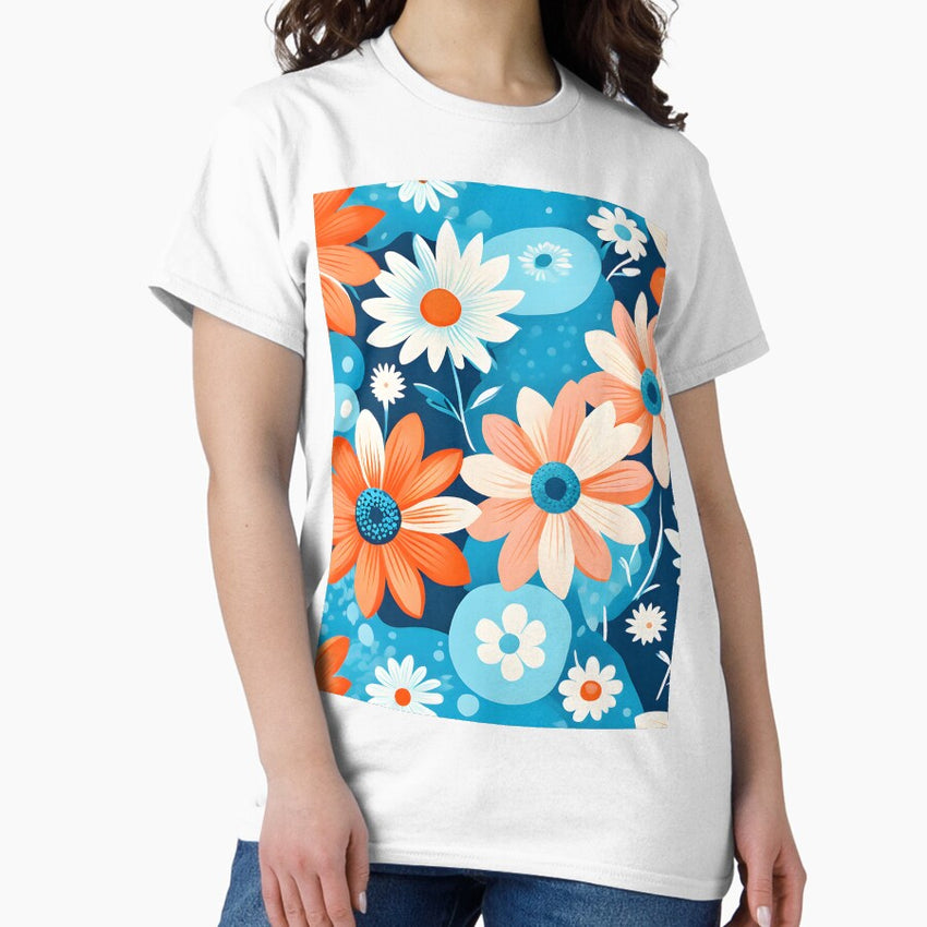 Mid Mod, Retro flower pattern, Peach, Sky Blue Classic T-Shirt