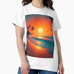 Sunrise on a tropical beach with palm trees with neon waves Classic T-Shirt
