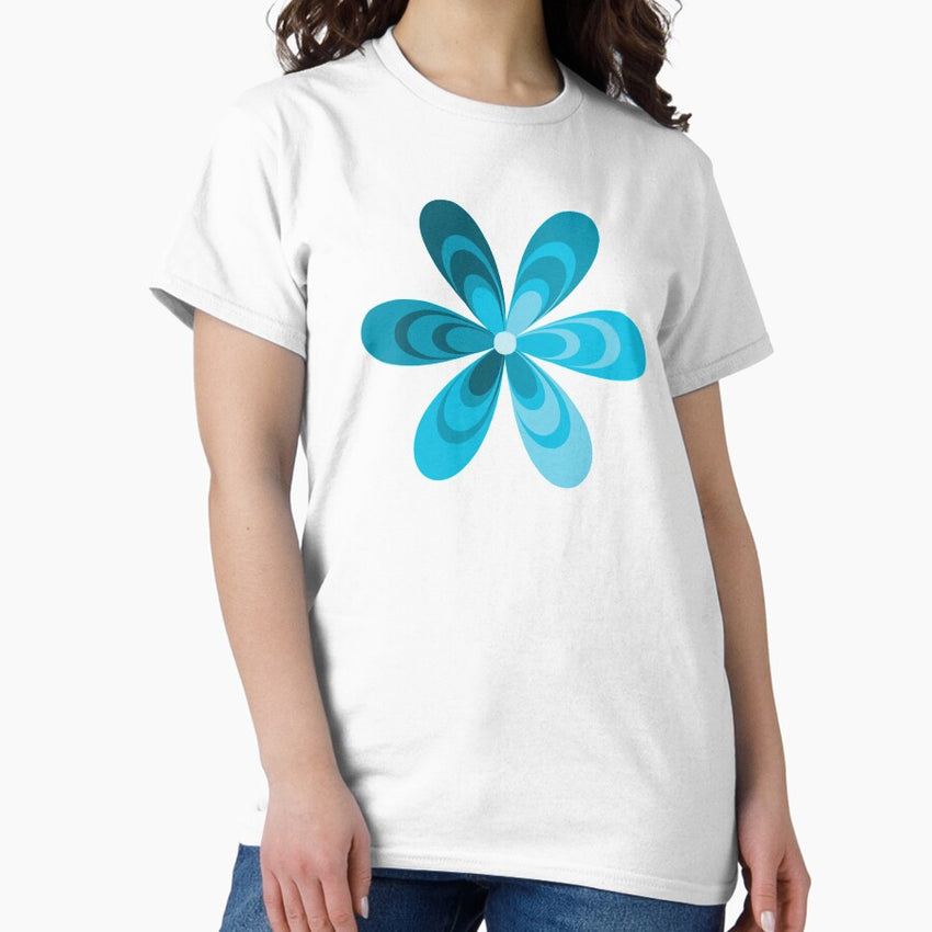 Cute Psychedelic Retro Flower in Blue on White, textured paper Classic T-Shirt