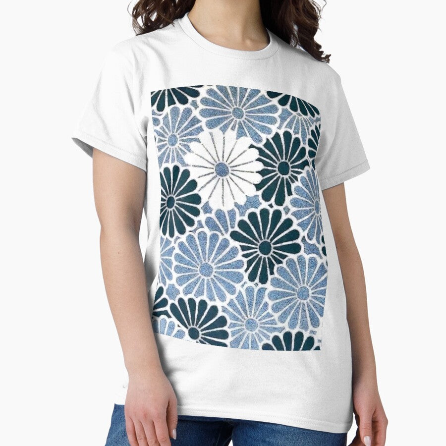 Retro Blue Chrysanthemum Floral Classic T-Shirt