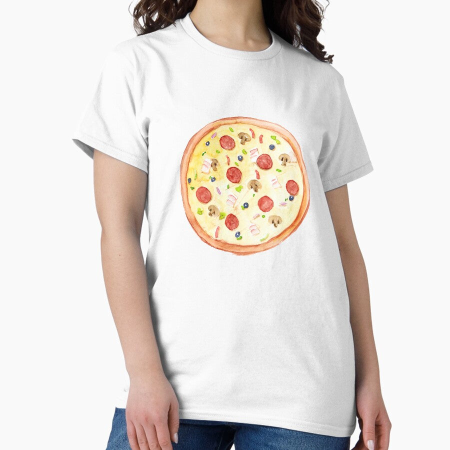 Watercolor pizza with sausage, bacon, mushrooms, olives, peppers and herbs Classic T-Shirt