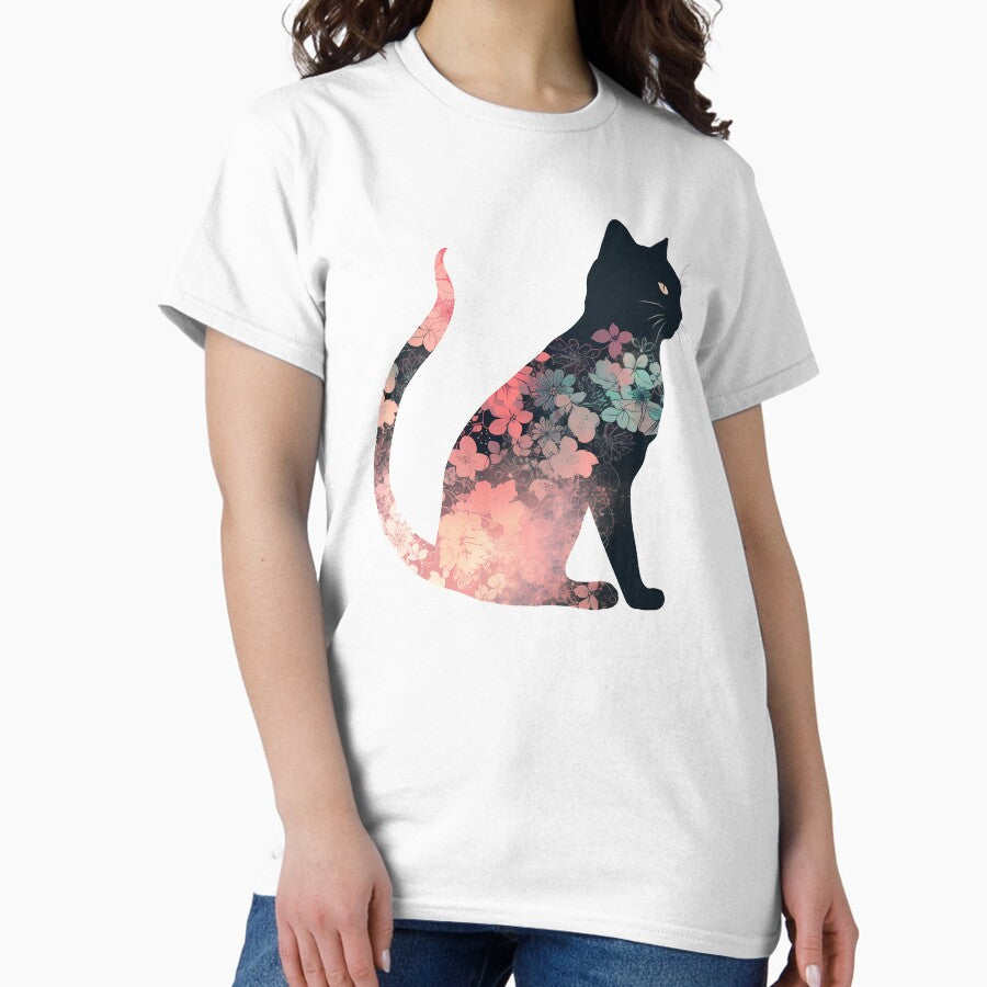 Floral Cat Silhouette Cat Classic T-Shirt