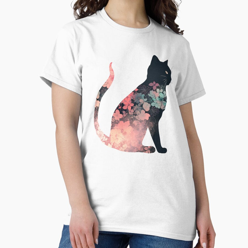 Floral Cat Silhouette Cat Classic T-Shirt
