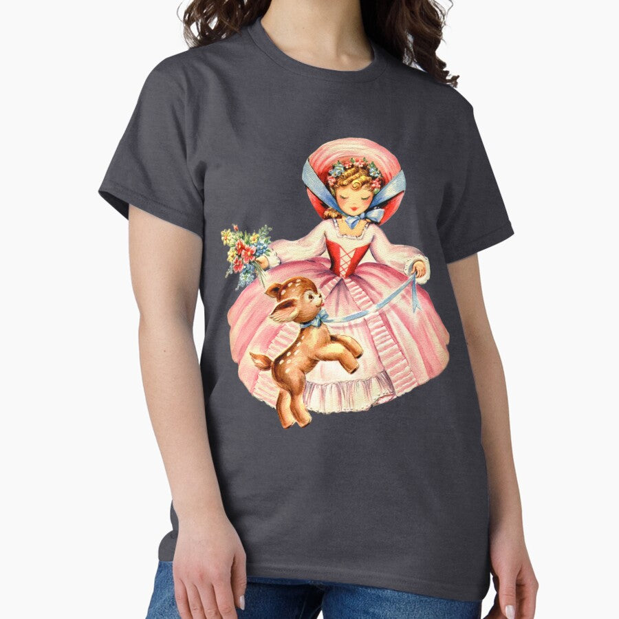 Antique Retro Vintage Sweet Poofy Victorian Lolita Dress Girl With Pet Deer Fawn Classic T Shirt