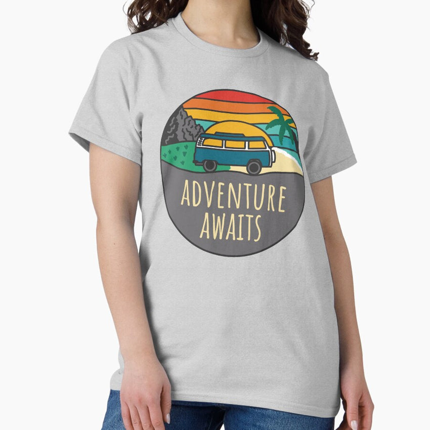 Adventure Awaits Camper Van Landscape Retro Illustration Classic T Shirt