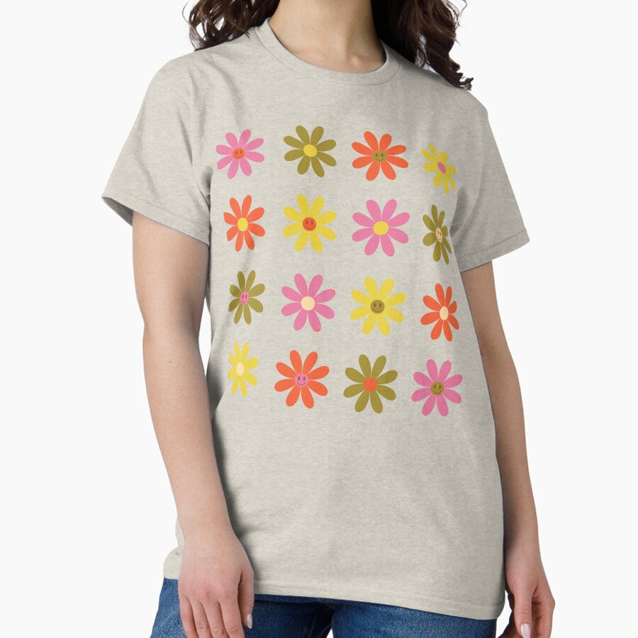 Retro Smiley Face Flowers Sticker Set | 70s Flower Power Classic T-Shirt
