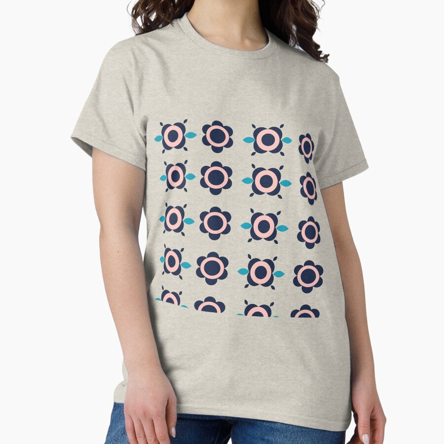 Mid Century Mod Flower Pattern in Pink and Navy Blue Classic T-Shirt