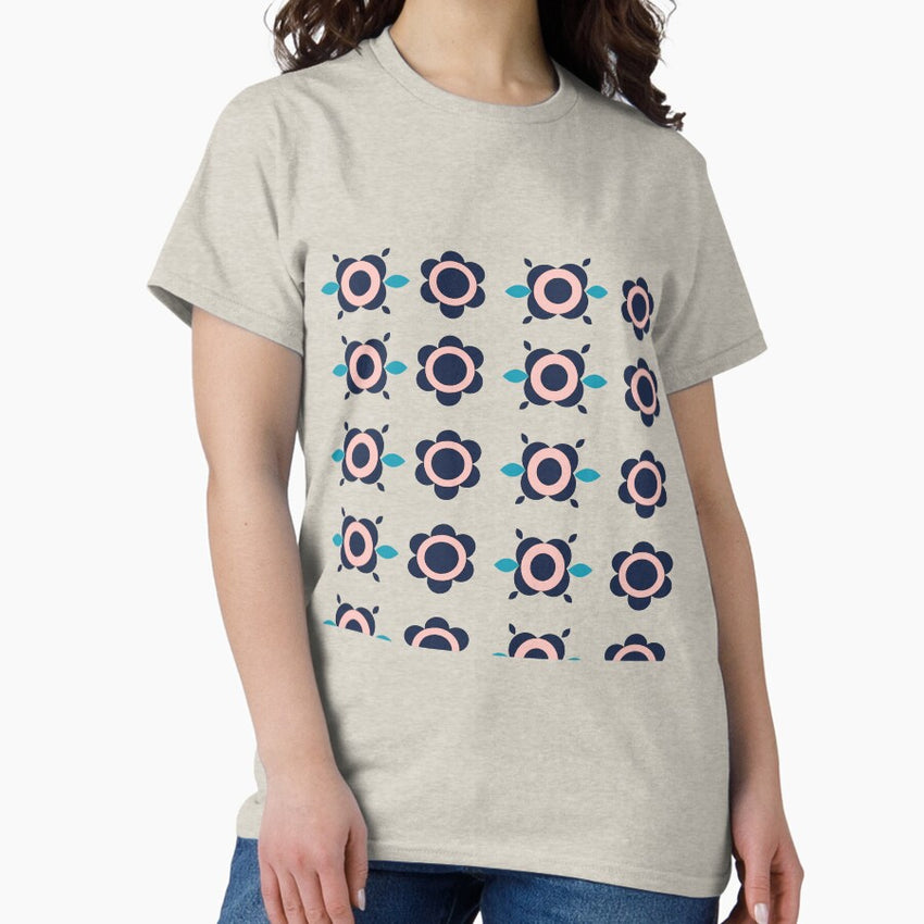 Mid Century Mod Flower Pattern in Pink and Navy Blue Classic T-Shirt