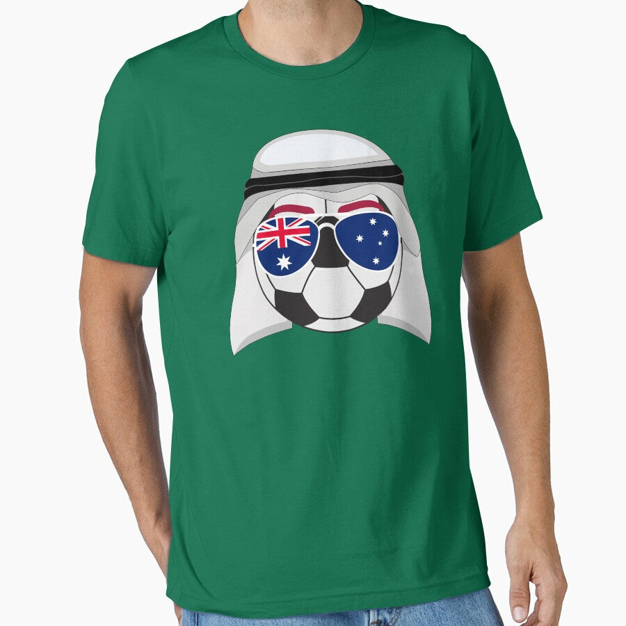 Australia Flag inside Sunglasses on a Soccer ball Wearing a Shemagh Essential T-Shirt
