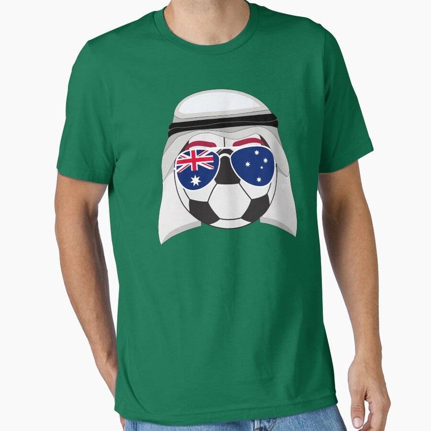 Australia Flag inside Sunglasses on a Soccer ball Wearing a Shemagh Essential T-Shirt