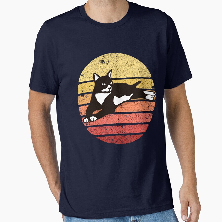Tuxedo Cat Retro Sunset Vintage Cat Lady Tuxedo Cat Gear Essential T-Shirt
