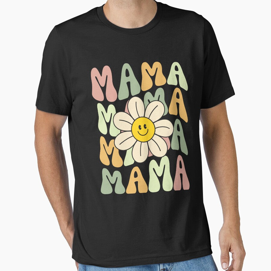Retro Happy Face Mama Groovy Daisy Flower Smiling Flower Essential T-Shirt
