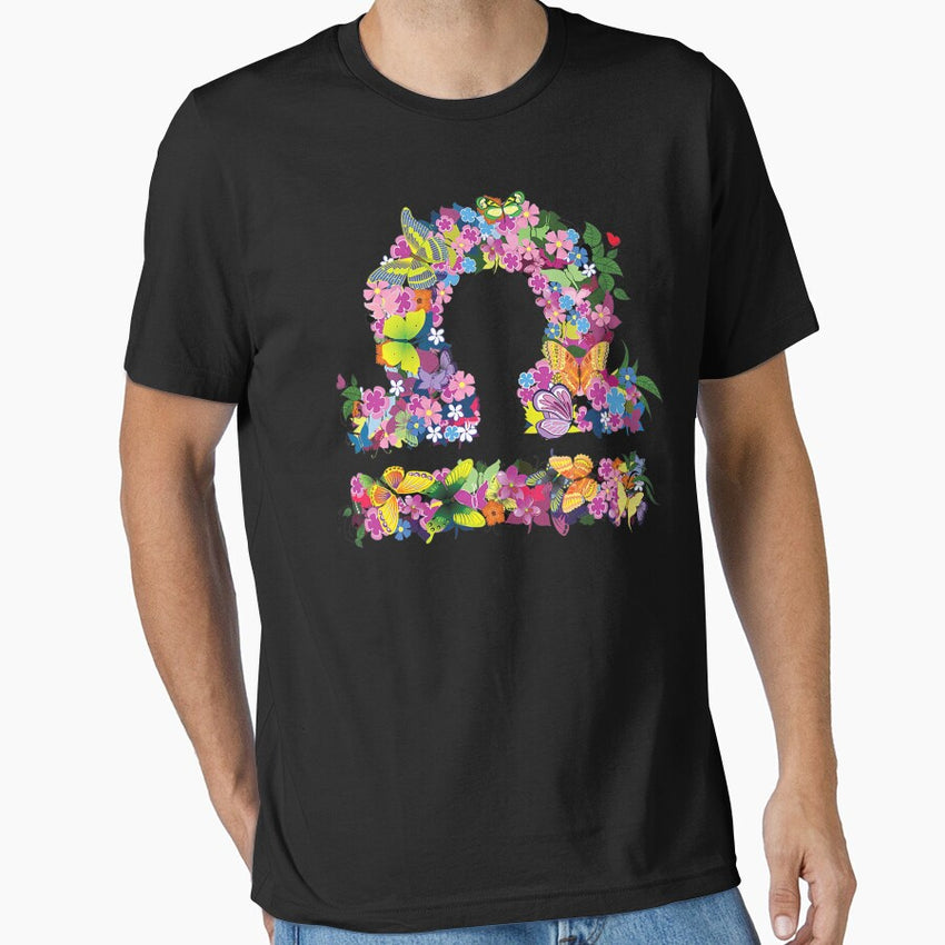 Libra Colourful Flowers And Butterfly Zodiac Star Sign Essential T-Shirt
