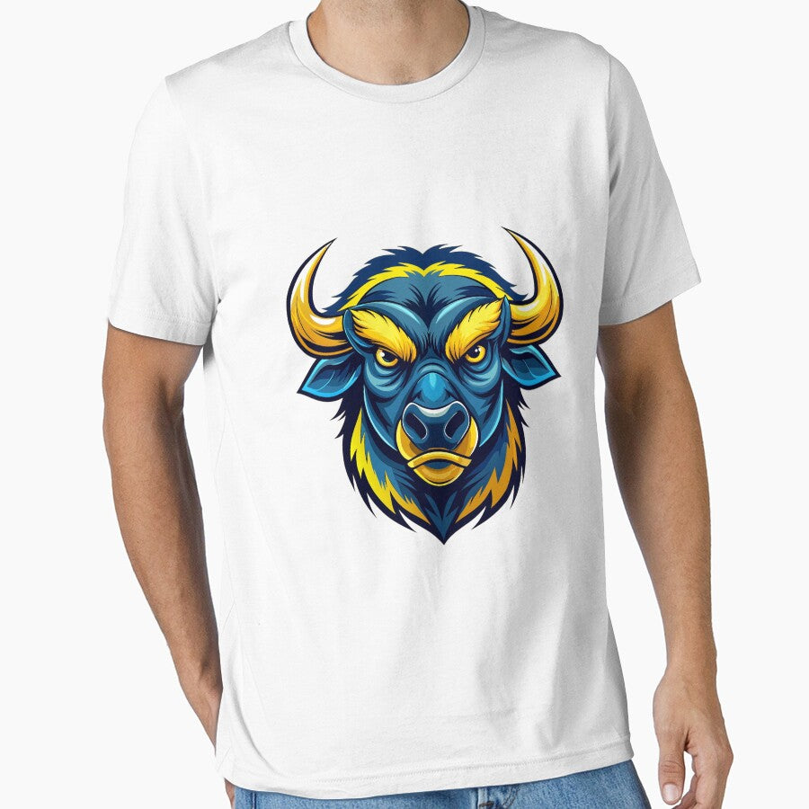 Angry Bull Head In Yellow And Dark Blue Colors Essential T Shirt