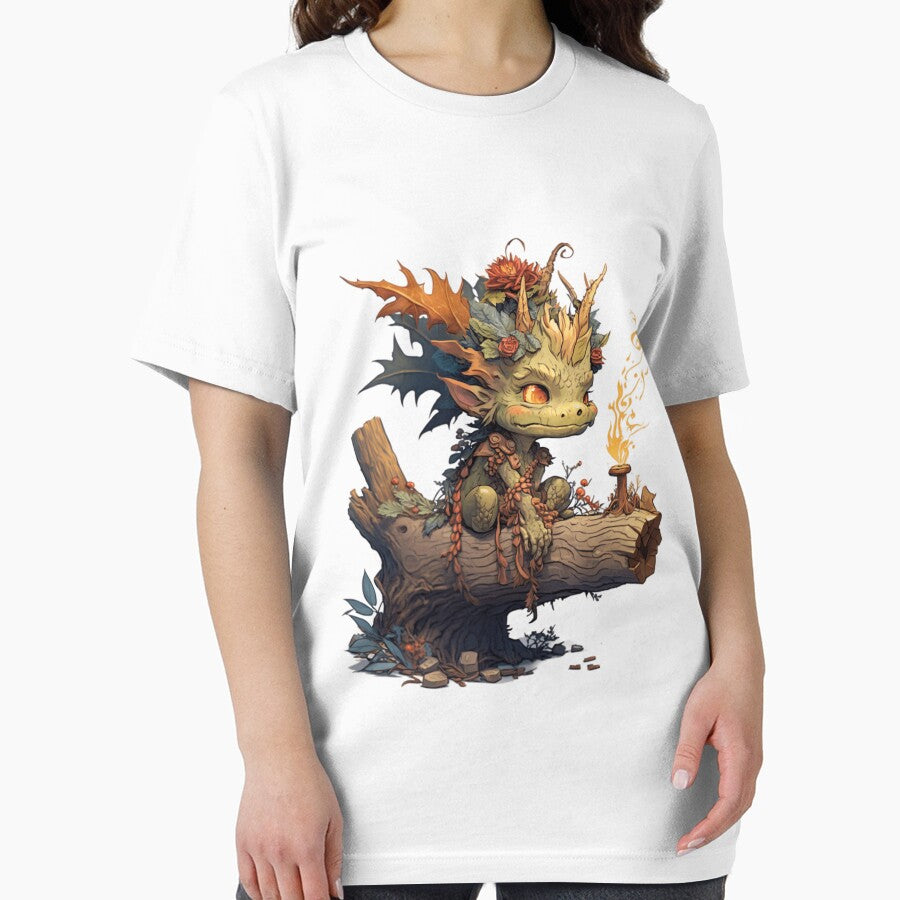 little dragon, very happy a wise old fire elf, hair made of fire, flower crown on its head Essential T-Shirt