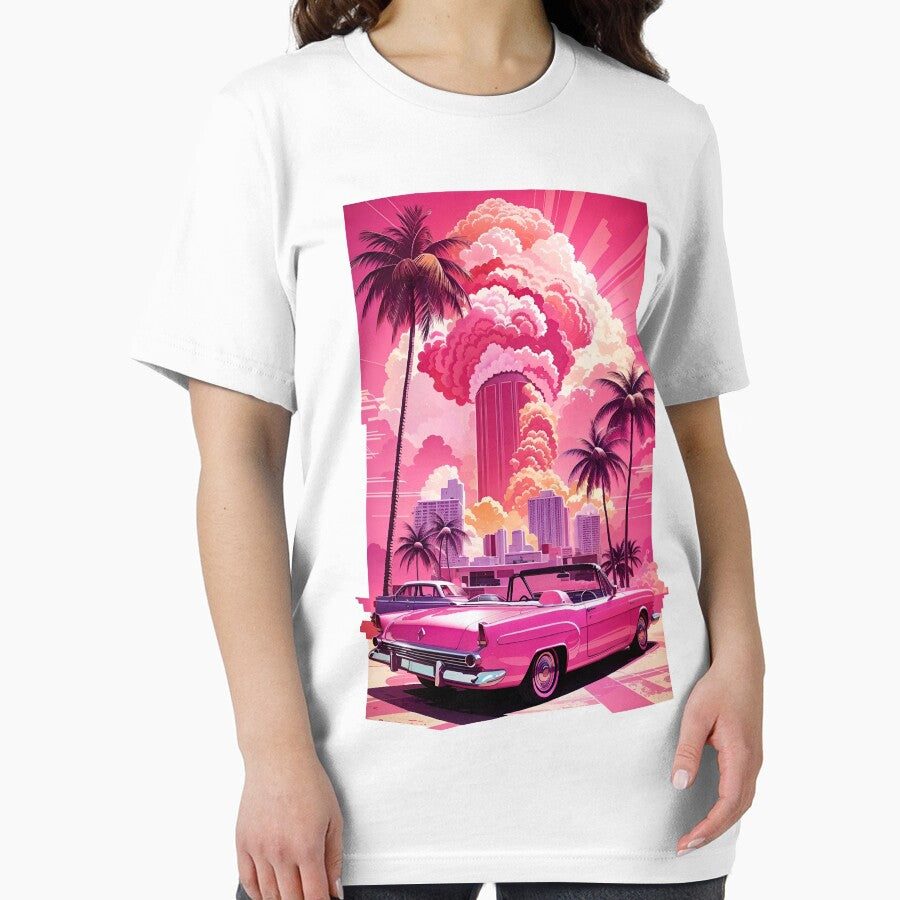Barbenheimer 2023 Poster Nuclear Explosion And A Vintage Pink Car On A Miami Palm Street Essential T Shirt