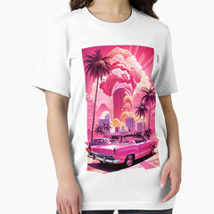 Barbenheimer 2023 Poster Nuclear Explosion And A Vintage Pink Car On A Miami Palm Street Essential T Shirt