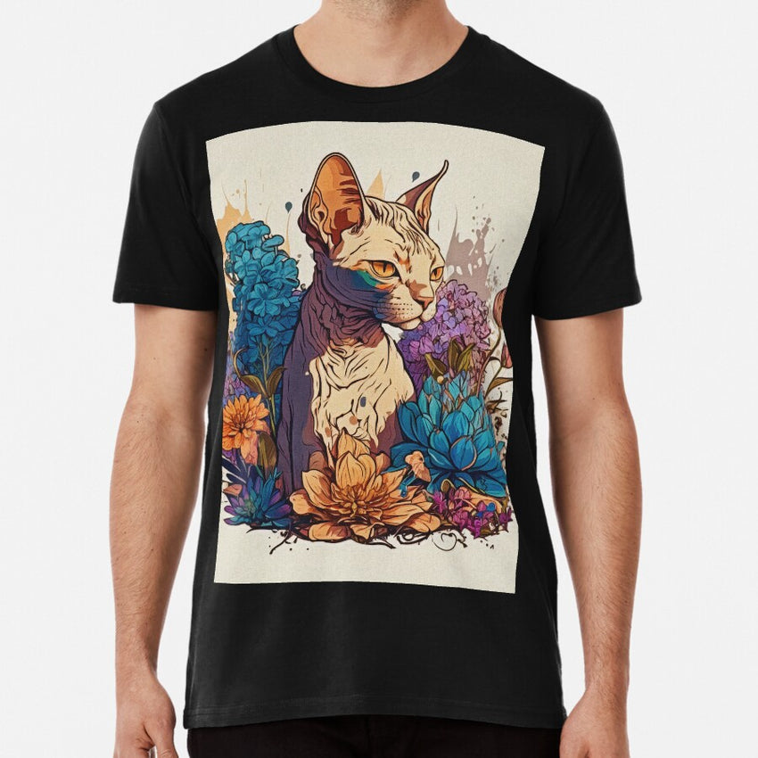 Sphynx cat owners gift. Cat digital painting surrounded by flowers. Premium T-Shirt