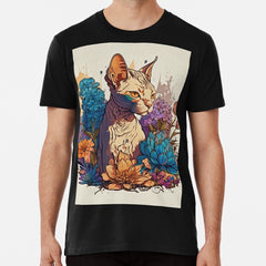 Sphynx cat owners gift. Cat digital painting surrounded by flowers. Premium T-Shirt