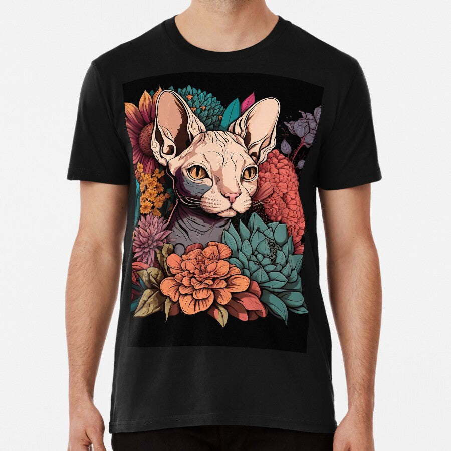 Sphynx cat surrounded by flowers. Premium T-Shirt