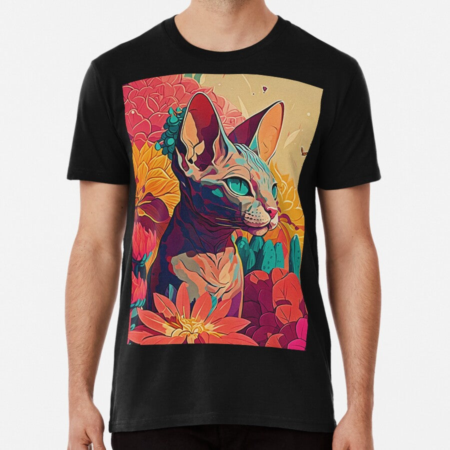 Sphynx cat digital painting surrounded by flowers. Premium T-Shirt