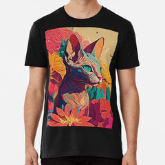 Sphynx cat digital painting surrounded by flowers. Premium T-Shirt