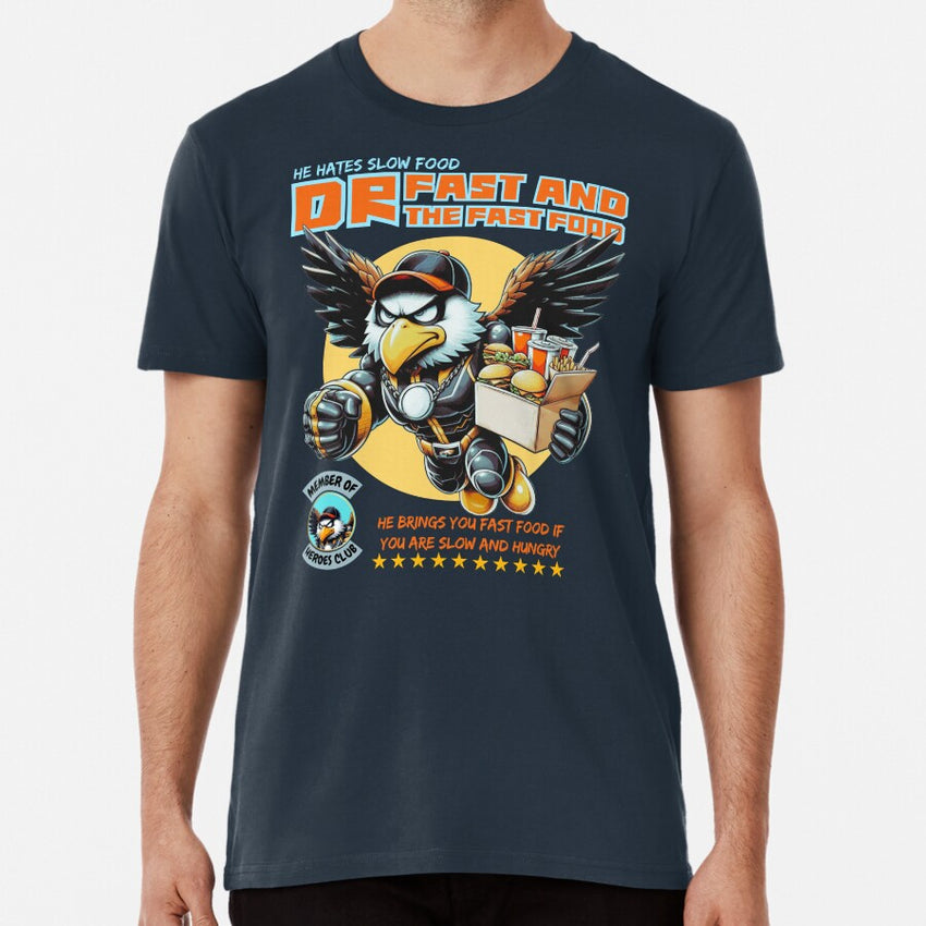 A cool and funny superhero eagle bringing fast food Premium T-Shirt