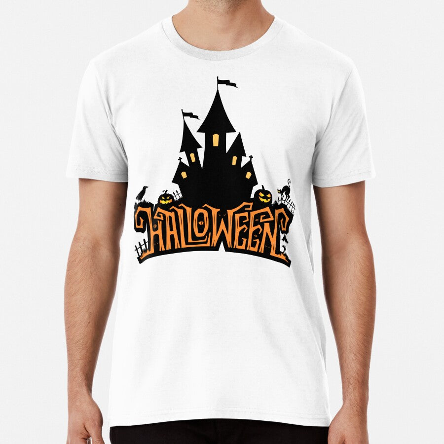 Spooky Halloween Lettering With Castle Premium T-Shirt