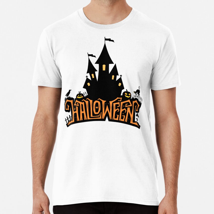 Spooky Halloween Lettering With Castle Premium T-Shirt