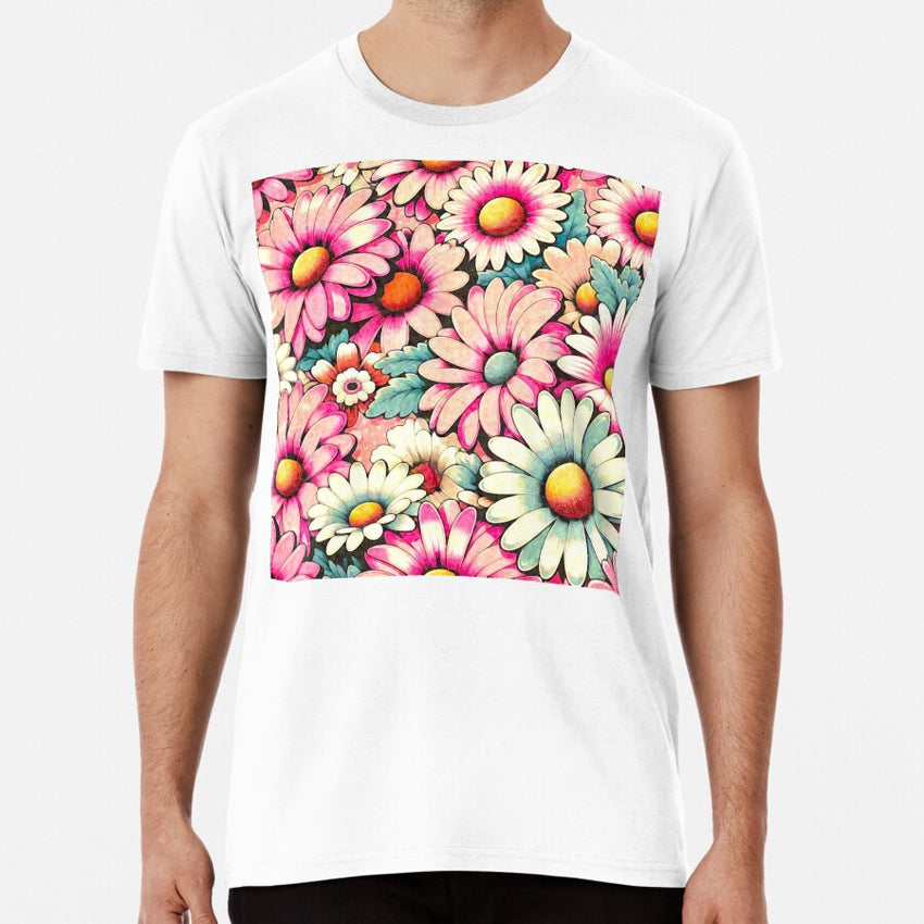 VINTAGE RETRO DAISY PINK FLOWER PATTERN BACKGROUND WALLPAPER Premium T-Shirt