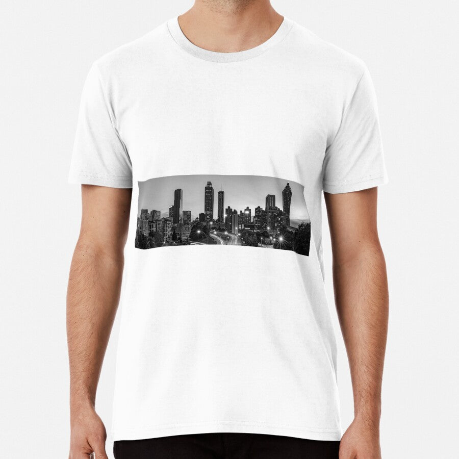Panoramic Monochrome Evening Skyline Of Downtown Atlanta - A City In Motion Premium T-Shirt