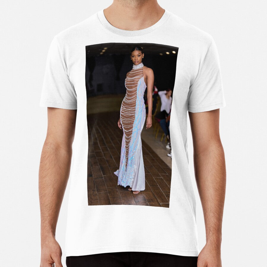 Beautiful Runway Model Wearing A Silvery Dress With Pink And Blue Accent Premium T-Shirt