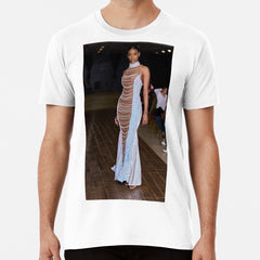 Beautiful Runway Model Wearing A Silvery Dress With Pink And Blue Accent Premium T-Shirt