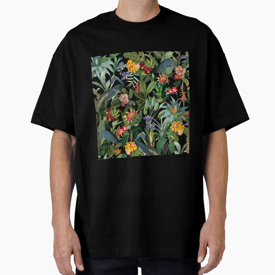 Vintage Pattern - Blue heron and tropical flowers Botanical Night Garden Nightgarden Oversized T-Shirt