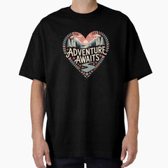 Adventure Awaits Heart Folk Art Mountain Scene Design Oversized T Shirt