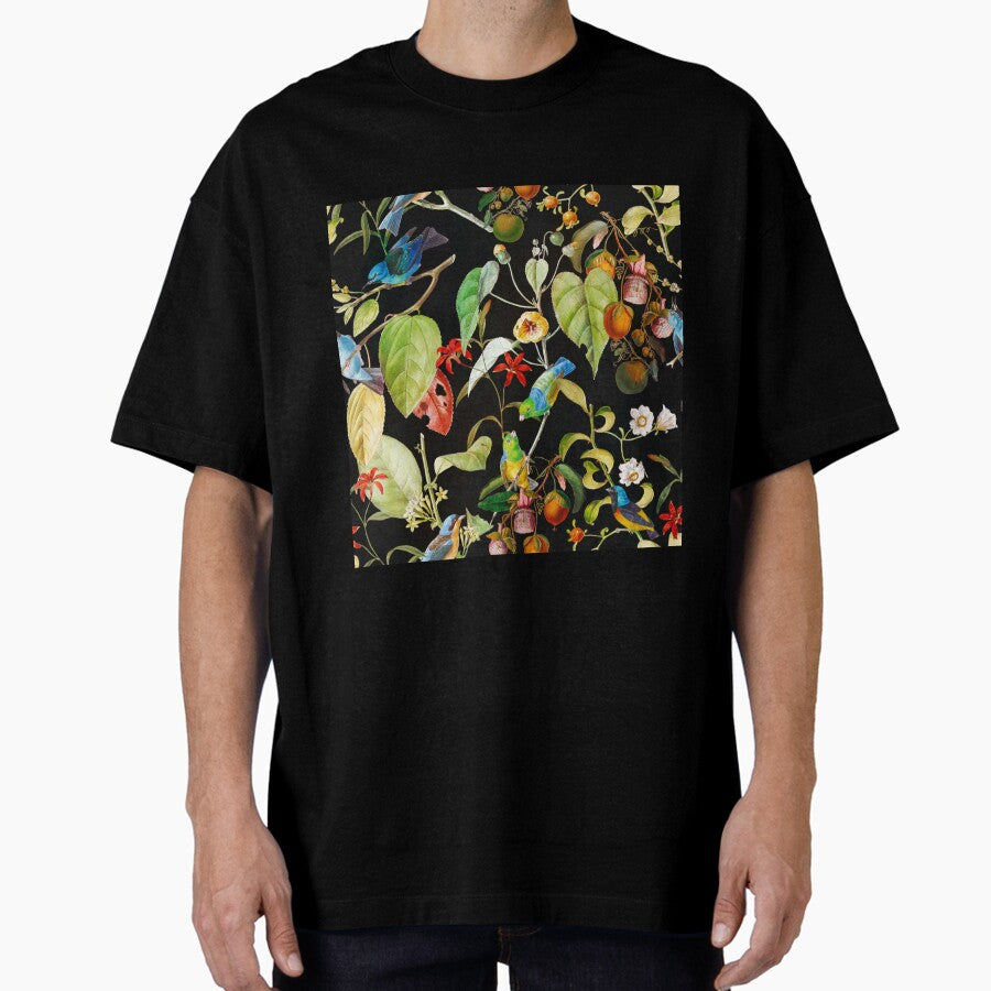 Vintage tropical sing birds and fruits pattern black Botanical Night Garden Nightgarden Oversized T-Shirt