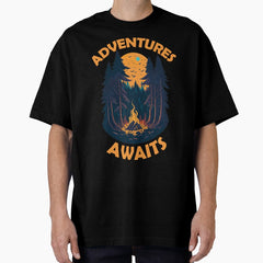 Adventures Awaits Travel Backpacking Campfire Oversized T Shirt