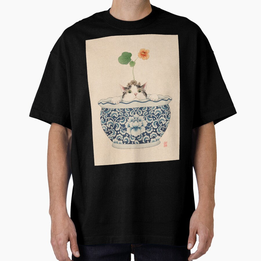Cat Hiding in Flower Pot Oversized T-Shirt