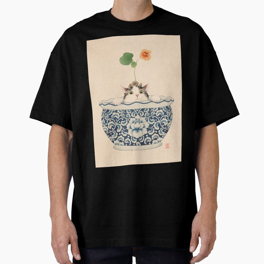 Cat Hiding in Flower Pot Oversized T-Shirt