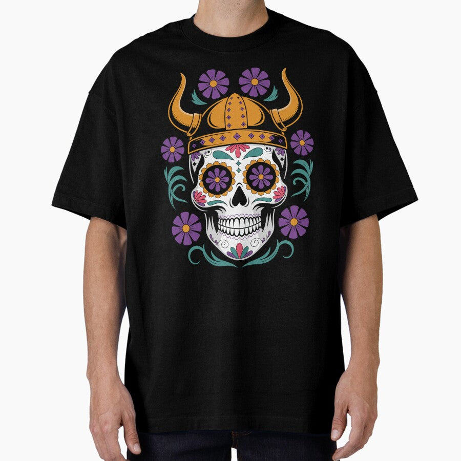 Viking Sugar Skull – Day of the Dead Minnesota Football Art Oversized T-Shirt