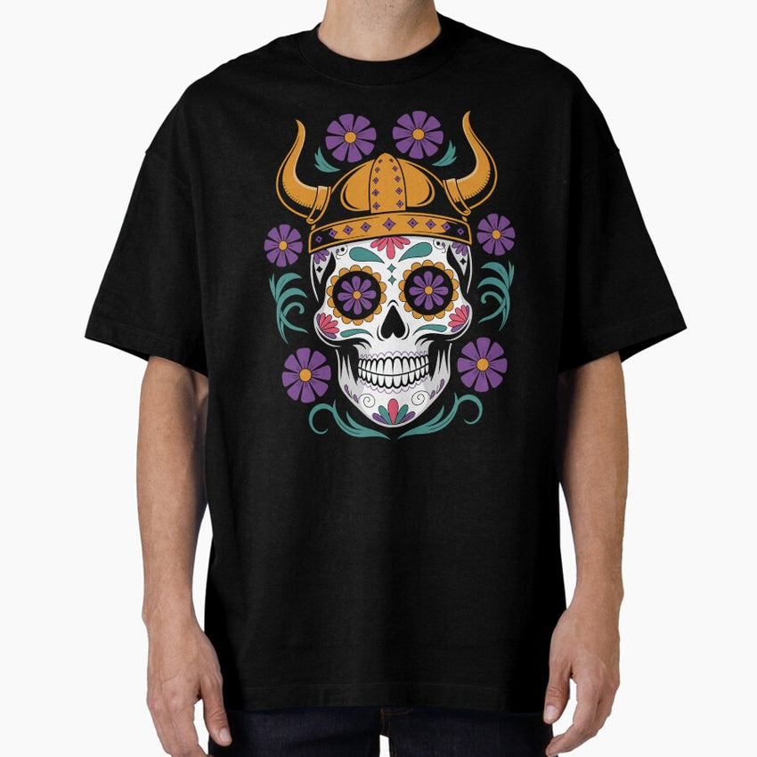 Viking Sugar Skull – Day of the Dead Minnesota Football Art Oversized T-Shirt