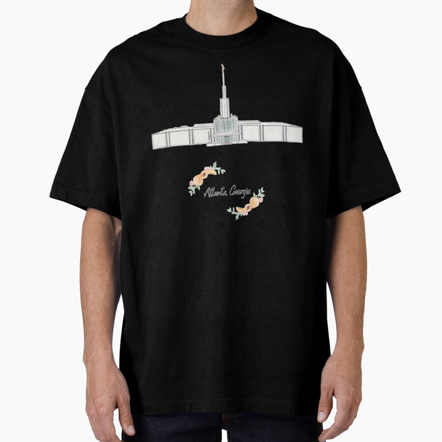 Atlanta Georgia Temple watercolor drawing with peach border Oversized T-Shirt
