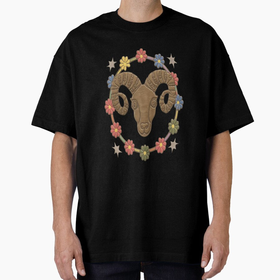 Astrology Zodiac Designs: Aries Embossed Metalic-Looking Rams Head Surrounded By Flowers Oversized T-Shirt