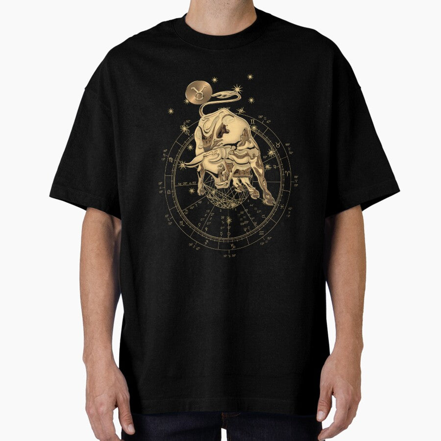 Western Zodiac - Golden Taurus - The Bull on Black Canvas Oversized T-Shirt